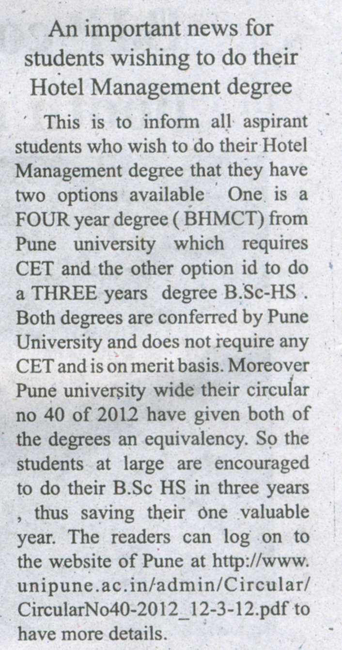 Equivalency of Three Years B.Sc HS to Four years BHMCT News from English Press